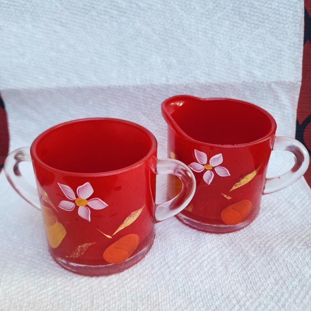 Bartlett Collins Hand Painted Creamer and Sugar Set, Red Glass VTG